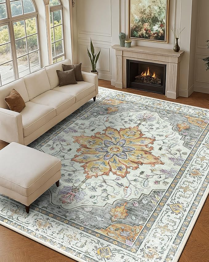 Area Rugs 9'x12' Washable Non-Slip, Floral Vintage Distress Print Pattern Medallion Carpet for Living Room Bedroom Dining Room, Light Yellow Carbon Grey Orange