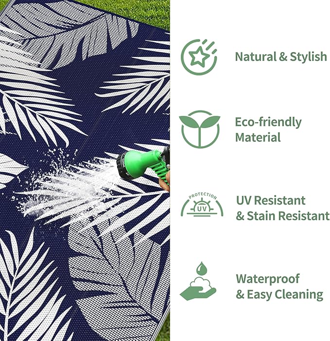 GENIMO Outdoor Rug, Waterproof Plastic Rugs 10'x14' for Camping Blue White | Outside Larger Leaf Carpet Mat for Porch Decor, Deck, Camping, RV, Backyard, Balcony, Picnic, Beach, Reversible, Foldable