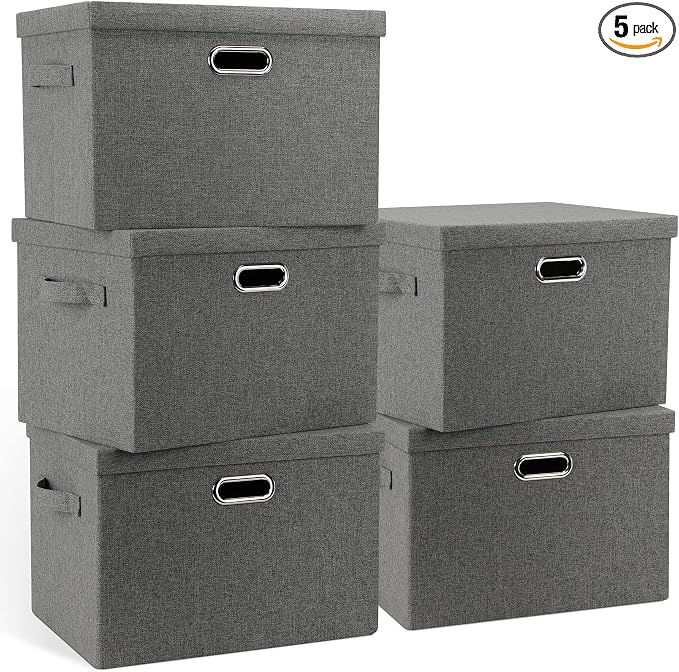 Graciadeco Large 17" 36 Quart Collapsible Stackable Storage Bins with Lids, 5 Packs Gray Foldable Fabric Closet Storage Boxes with Lids, Heavy-duty Linen Cube Baskets(17 x 12 x 11) | 36 Quart 5 Pack Gray1 Collapsible Stackable Linen Fabric 4 Handles Be...