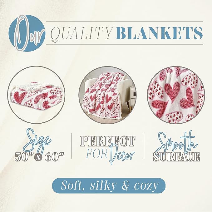Elegant Comfort Luxury Ultra-Plush Velvet Touch Sherpa Fleece Throw Blanket - Soft, Warm, Cozy - Scarlett - Heart Pattern - 50" x 60" - Valentine's Day, Travel, Home Decor