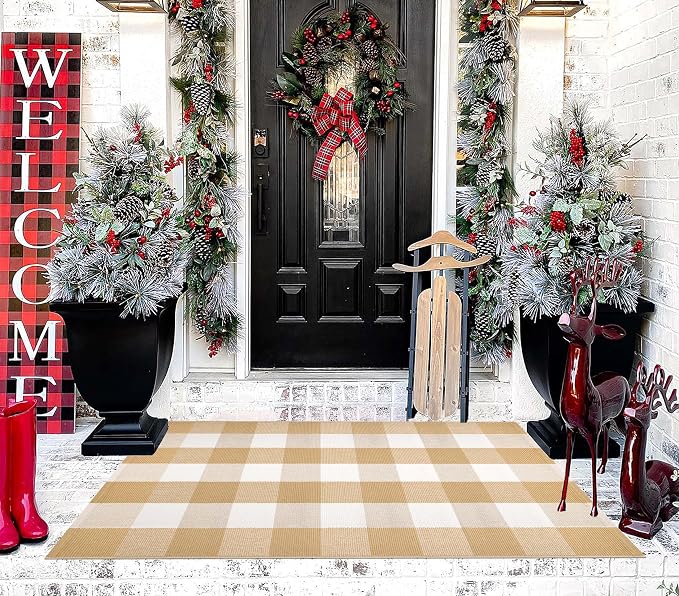 Front Door Mat Outdoor Entrance 27.5''x 43.3''Checkered Porch Rug Cotton Washable Farmhouse Layered Doormat for Indoor/Outdoor, Kitchen, Entryway,Bathroom