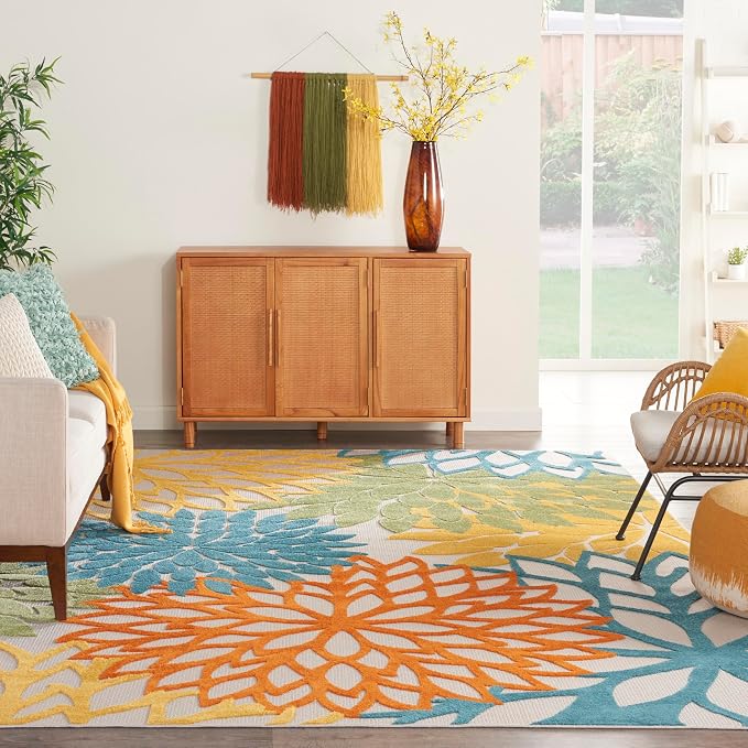 Nourison Home Aloha Turquoise Multicolor 9' x 12' Area Rug - Easy Clean, Non Shedding, Bed Room, Living Room, Dining Room, Kitchen (9' x 12')