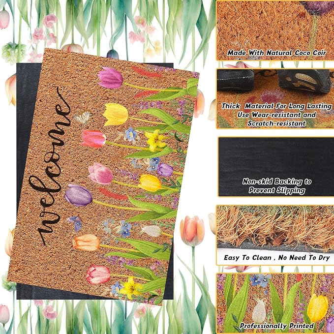 Ceenna Spring Welcome Doormat Outdoor Spring Coir Door Mat Flowers Butterfly Front Door Mat Indoor Non Slip Floral Front Porch Rugs for Home Entrance Decoration, 16 x 28 Inch