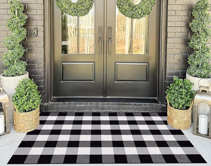 3'x 5' Outdoor Rug,Black and White Porch Rug Cotton Woven Washable Layered Doormat for Welcome Door Mat Porch Entryway Bedroom Living Room