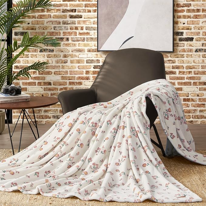 Lucky Brand Daisy Ivory Floral 90"X90" Cozy Plush Blanket - Premium Microfiber Throw for Luxurious Comfort and Style Full/Queen Size