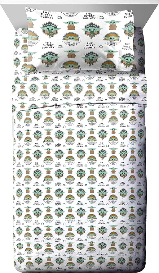 Star Wars Mandalorian Full Size Comforter Set 5 Piece Kids Bedding, Gray | Grogu Baby Yoda, Comforter Sheets Pillowcases, Official Product, Soft Microfiber, Machine Washable, Easy Care, Kids Gift