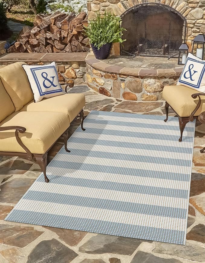 LEEVAN Coastal Outdoor Patio Rug 3x5 Washable Striped Front Porch Mat | Spring Colorful Outside Entryway Rug, Woven Welcome Doormat Blue White Tan Buffalo Backyard Layered Mat for Entrance/Doorway