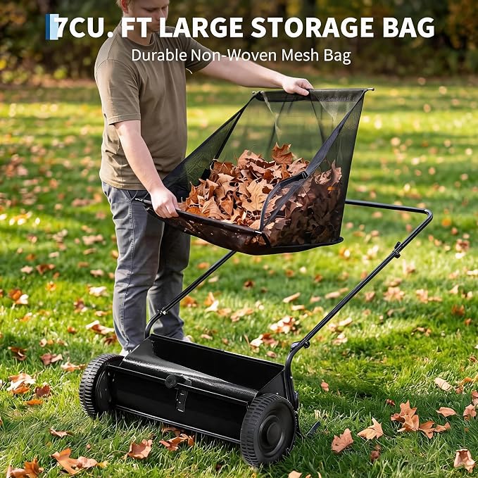 Heavy Duty 26-Inch Push Lawn Sweeper – 4 Fast Spinning Brushes | Height Adjustable, Durable Steel Frame, 7 Cu. Ft. lawn mower, Reduced Plastic Wheels