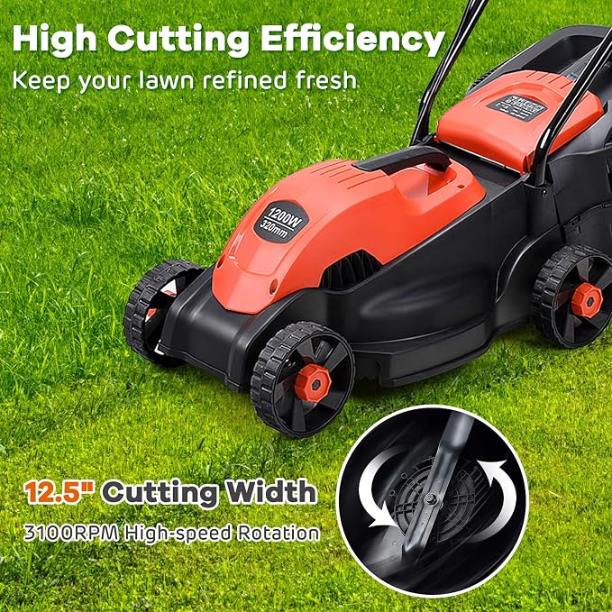 Happygrill Lawn Mower 13-Inch Electric Lawn Mower, Handle Push Corded Lawn Mowers with Grass Bag, Folding Handle, Adjustable Cutting Height for Garden Yard, 12 Amp,Red