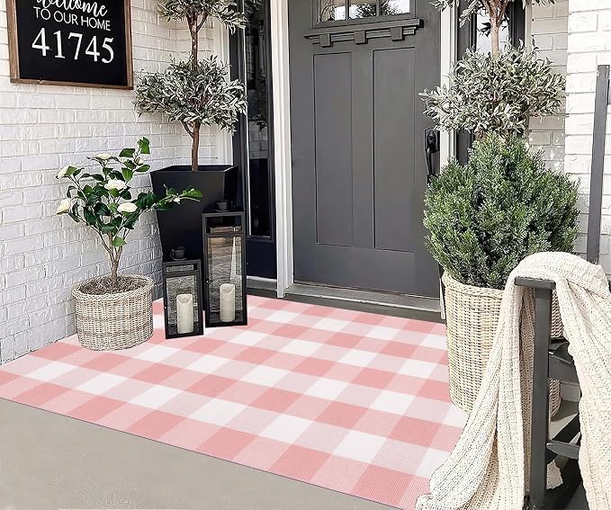 Pink Area Rug 3x5 for Entryway, Checkered Porch Rug, Cotton Washable Throw Rug for Beside Girls' Bedroom, Classroom Kitchen Front Door Indoor Outdoor Entrance