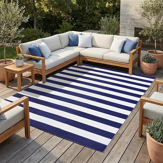 FH Home Outdoor Camping Rug - Waterproof, Fade Resistant, Reversible - Premium Recycled Plastic - Striped - Large Patio, Deck, Sunroom, RV - Brittany Stripe - Blue & White - 9 x 12 ft Foldable