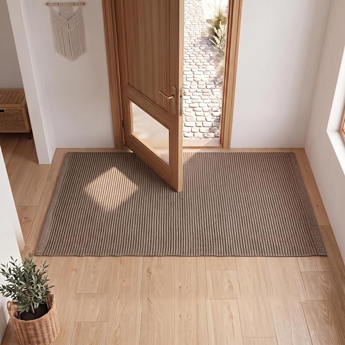 THE BEER VALLEY Hand Woven Area Rug 3x5 Feet - Brown Mocha | Non Slip Indoor Outdoor Kitchen Large Rugs for Living Room, Washable Low Profile Patio Carpet