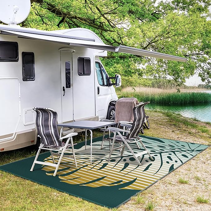 GENIMO Outdoor Rug, Waterproof Plastic Rugs for Patio, 6'x9' Yellow Green | Outside Larger Leaf Carpet Mat for Porch Decor, Deck, Balcony, Camping, RV, Backyard, Picnic, Beach, Reversible, Foldable