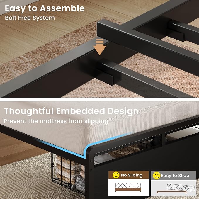 LIKIMIO Twin Bed Frames with Storage Drawer, Lights & Charging Station | Modern Platform Twin Bed Frame with 43" Headboard, Strong Supports, No Box Spring Needed, Easy Assembly, Noise-Free, Black