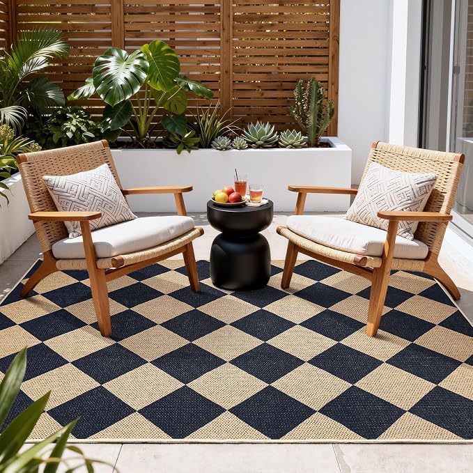 EDIMENS 3x5 Outdoor Rugs Easy Jute Checkered Front Door Mat Entryway Rug | Black Washable Non Slip Indoor Outdoor Rug Farmhouse Neutral Living Room Carpet for Backyard Porch Balcony Patio