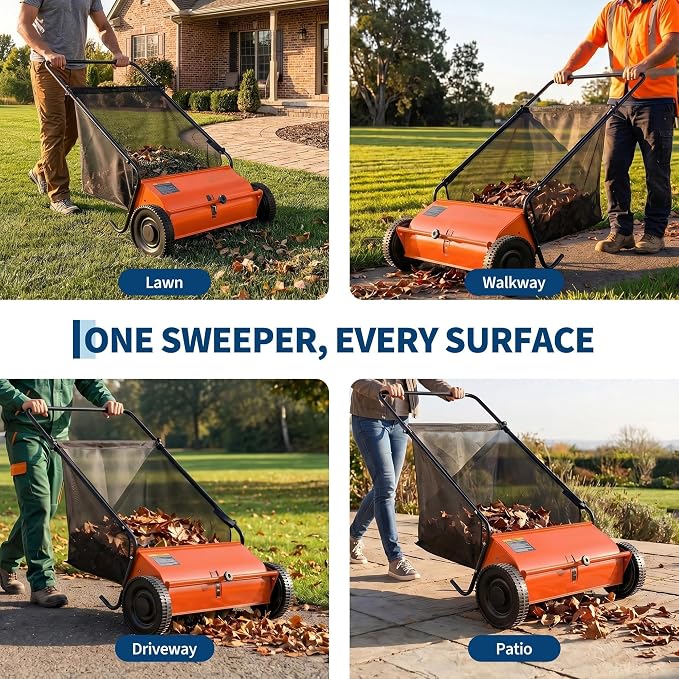 26 Inch Push Lawn Sweeper, 7 Cu ft Hopper Bag, Carbon Steel Frame | Heavy Duty Walk Behind Leaf Collector and Yard Sweeper, Adjustable Brush Height Push Lawn Sweeper for Garden Patio Driveway