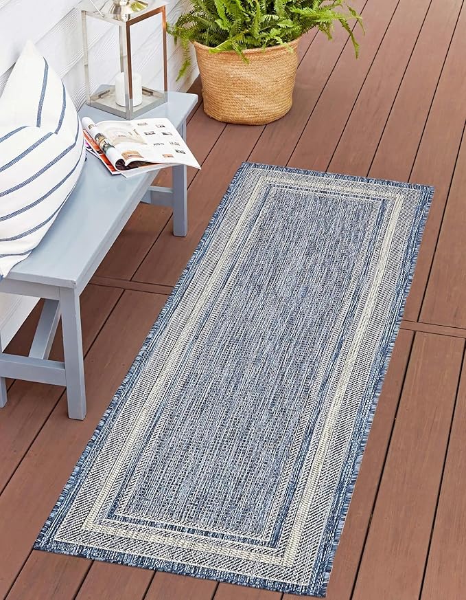 Unique Loom Outdoor Border Collection Area Rug - Soft Border (2' x 8' Runner, Blue/ Ivory)
