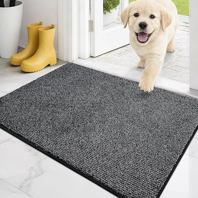 PURRUGS Dirt Trapping Door Mat 20" x 31.5", Non-Slip Machine Washable Entry Rug, Entrance Mat, Indoor Front Door Mat, Super Absorbent Entryway Rug for Muddy Shoes & Paws, Heathered Charcoal