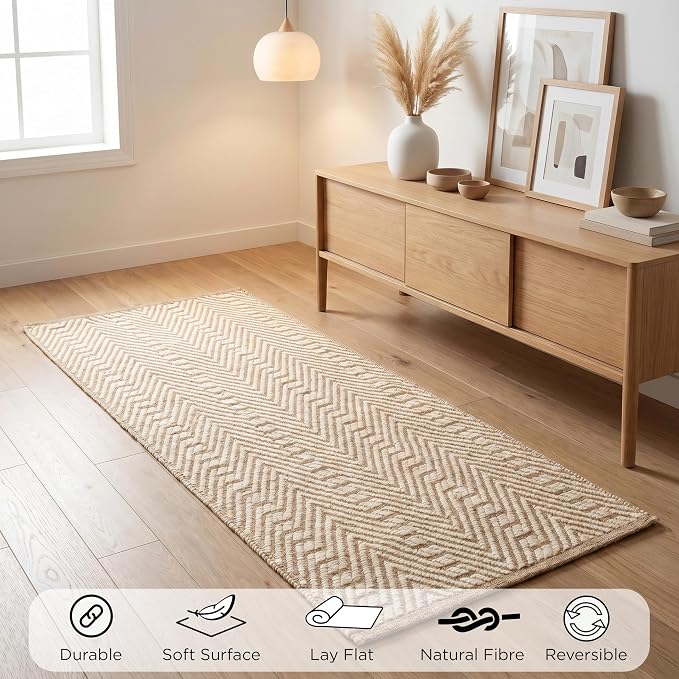 THE BEER VALLEY Jute Cotton Geometric Runner Rug 2x6 Feet - Natural White | Large Boho Kitchen Chevron Runners for Hallways, Easy Care Ivory Beige Laundry Room Rugs