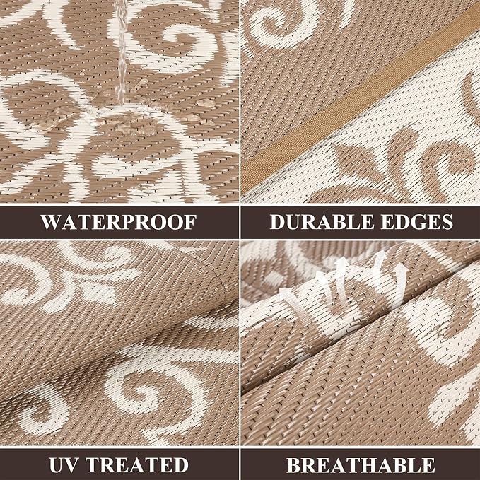 Pauwer Outdoor Rug 8x10, Waterproof Plastic Straw Camping Rug, Floral Brown | Reversible Patio Rug, UV Resistant Indoor Outdoor RV Mat Carpet For Deck, Camper, Porch, Balcony, Backyard, Picnic, Foldable