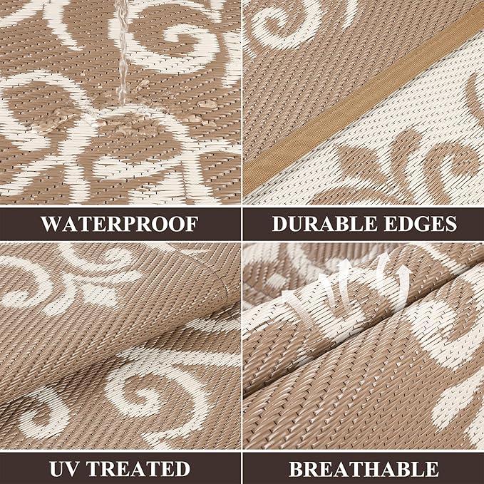 Pauwer Outdoor Rug 9x12, Waterproof Plastic Straw Camping Rug, Floral Brown | Reversible Patio Rug, UV Resistant Indoor Outdoor RV Mat Carpet For Deck, Camper, Porch, Balcony, Backyard, Picnic, Foldable