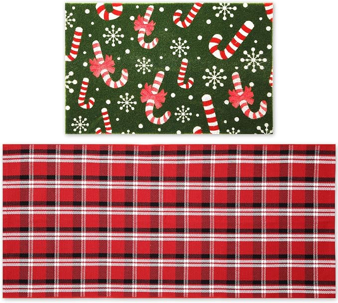 2 Pcs Outdoor Door Mat Combo Set Layered Outdoor Rug and Coir Welcome Doormat Non Slip Outside Floor Mat for Front Porch Entryway Patio Yard Decor(Candy Cane,24'' X 51',18'' X 28'')
