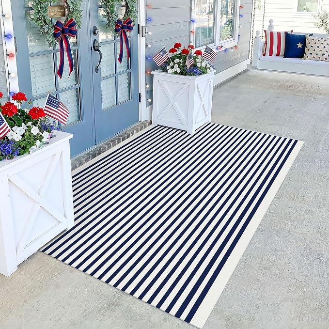 KILOCOCO Blue White Striped Rug 4x6 ft Front Door Mat Outdoor Washable Rug