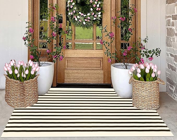 Black and Beige Outdoor Rug 3'x5',Machine Washable Striped Porch Rug Cotton Woven Farmhouse Front Door Mats for Porch/Entryway/Home Entrance Decor/Bedroom/Laundry Room/Patio/Front Door