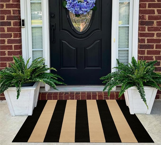 Black and Tan Layered Doormat,2x3 ft Striped Small Outdoor Rug Cotton Woven Washable Farmhouse Layered Door Mats for Entryway/Porch Decor/Kitchen/Home Entrance