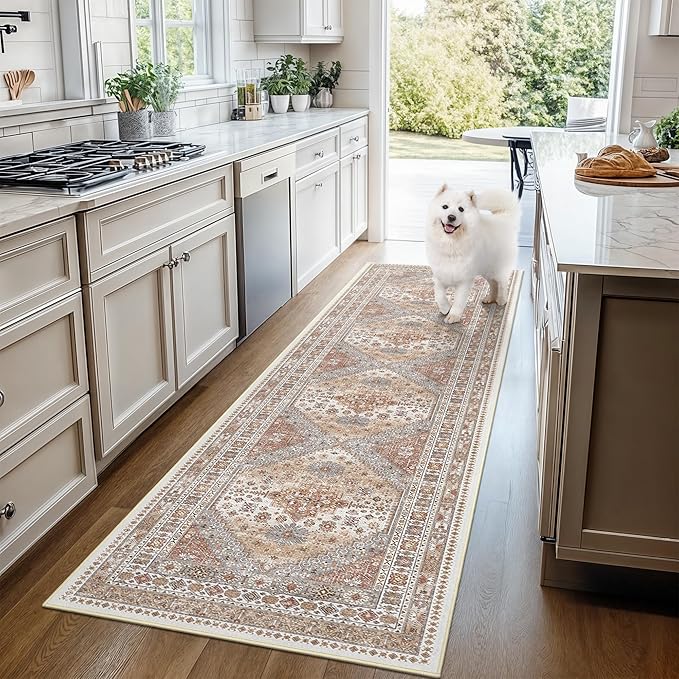 3x18 Runner Rug for Hallway, Non-Slip Long Kitchen Mats for Floor, Vintage Washable Rug for Entryway, Soft Hallway Runner for Dining Room, Bedroom, Living Room(Orange,3'x18')