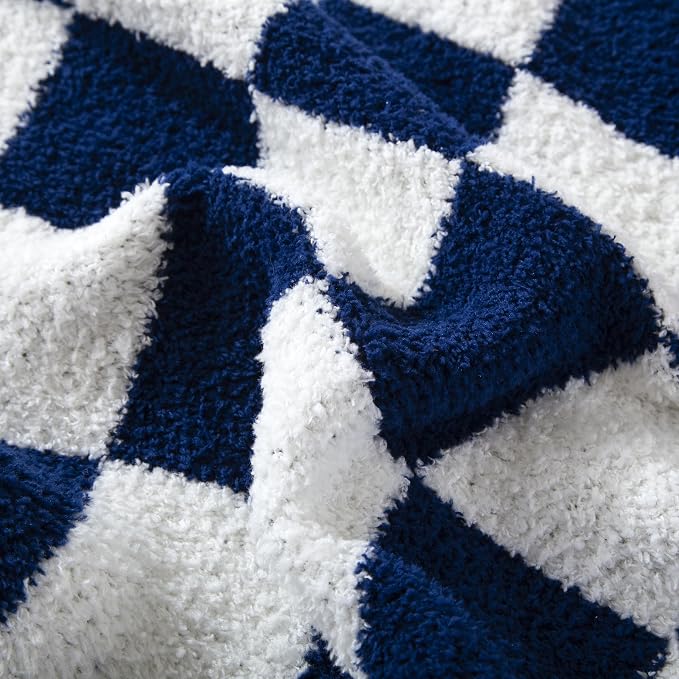 Elegant Comfort Checkered Throw Blanket, Navy Blue Super Soft Cozy Fluffy Warm Throw Blankets for Couch, Sofa, Chair, Bed, Camping, Picnic, Travel Lightweight Bed Blanket (50" x 70")