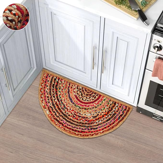 Boho Braided 1.5x3 Area Rug - Jute Chindi Half Circle Rug for Living Room Entryway, Farmhouse, Home Décor, Indoor Rugs Jute Door mat for Bathroom, Kitchen (Multi Natural, 1.5 X 3 ft)