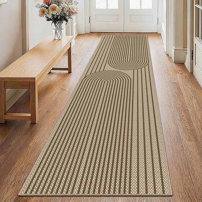 Faux Jute Hallway Runner Rug, 2' x 8' Kitchen Runner, Brown Farmhouse Ultra-Thin Washable Non-Slip Carpet Runner for Laundry, Bedroom, Backyard, Outdoor, Home Decor