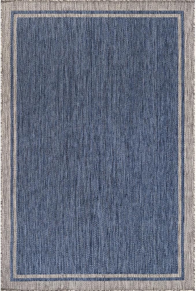 CAMILSON Outdoor Rug, 6x9 Bordered Navy Blue Gray Modern Area Rugs for Indoor and Outdoor Patios, Porches Waterproof Washable Porch Deck Outside Carpet (Bordered Navy, 6 x 9)