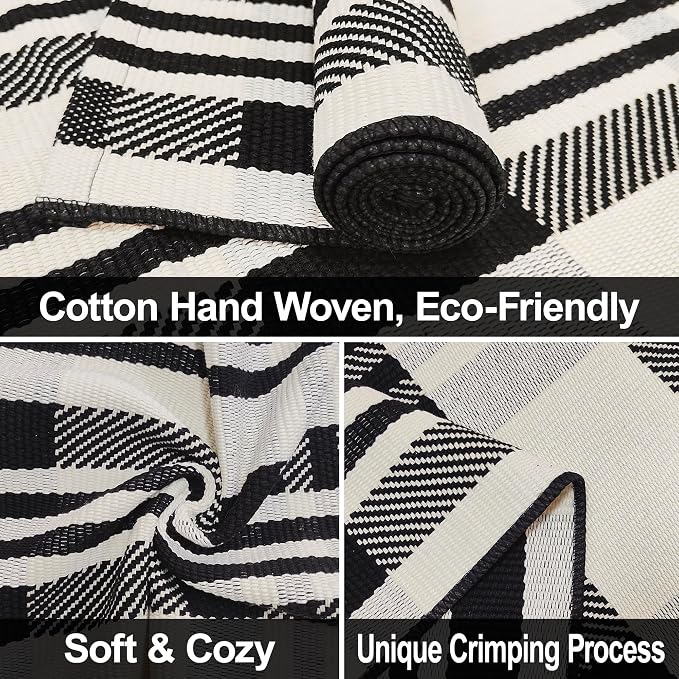 Buffalo Plaid Rug 3x5 Cotton Woven Buffalo Check Area Rug Black and Off White Front Porch Doormat Checkered Outdoor Carpet Washable Indoor Outdoor Layered Door Mats for Entryway Kitchen Farmhouse