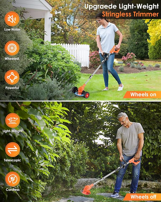 21V Cordless Weed Wacker, Lightweight 3-in-1 Grass Trimmer/Brush Cutter/Edger, Battery Powered Weed Eater with 2×2.0Ah Batteries, Foldable Electric Lawn Mower, 2 Types Blade & Wheels for Garden Yard