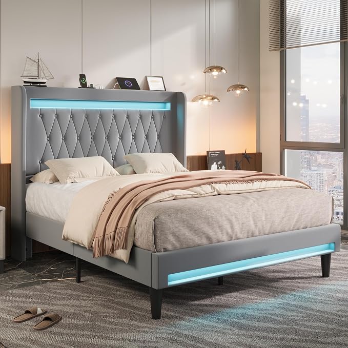 Allewie Full Size Upholstered Bed Frame with LED & Charging Station, Gray | Customizable LED lights, charging station, tufted wingback headboard, noise-reducing support, and no box spring needed.