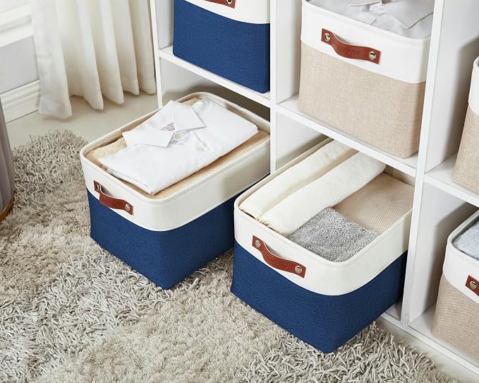 DECOMOMO Storage Bins, Large Fabric Storage Baskets for Shelves 4 Pack | 15 x 11 x 9.5 inches Decorative Linen Closet Organizers (Navy Blue & White)