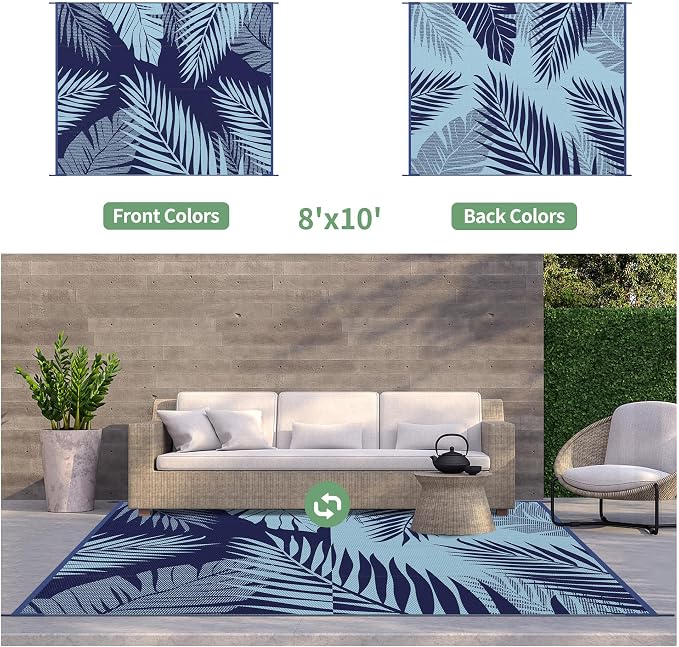 GENIMO Outdoor Rug, Waterproof Plastic Rugs for Patio, 8'x10' Blue | Outside Larger Leaf Carpet Mat for Porch Decor, Deck, Balcony, Camping, RV, Backyard, Picnic, Beach, Reversible, Foldable