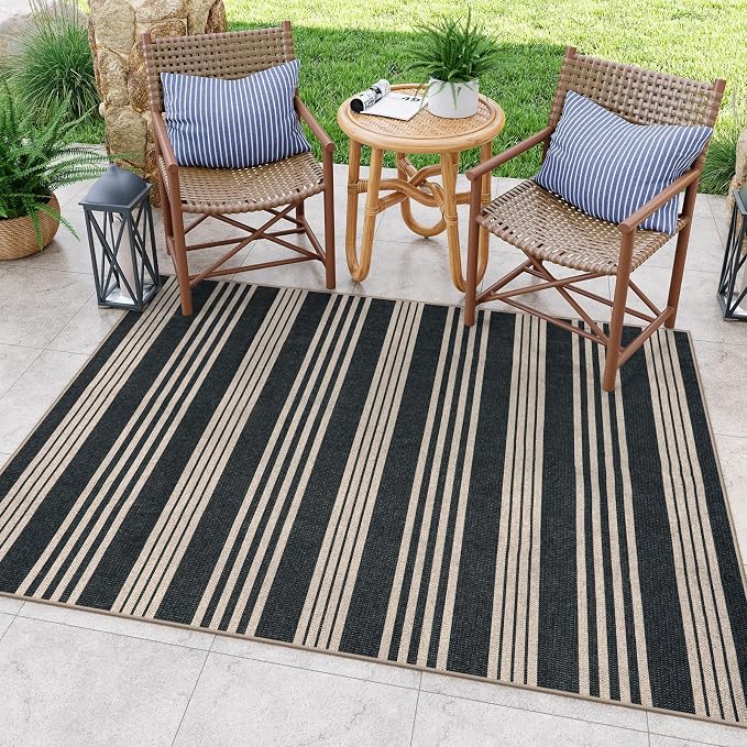 Lahome Striped Easy Jute Outdoor Patio Rug, 5x7 Area Rugs Washable Black | Living Room Indoor Mat, Modern Farmhouse Non Slip Non Shedding Stain Resistance Carpet for Dining Room Balcony Backyard Deck