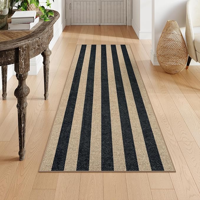 Lahome Striped Easy Jute Outdoor Runner Rug, 2x6 Kitchen Rugs Washable | Black 6ft Non Slip Indoor Carpe for Hallway, Farmhouse Non Shedding Floor Mat for Bedroom Entryway Front Porch Laundry Room