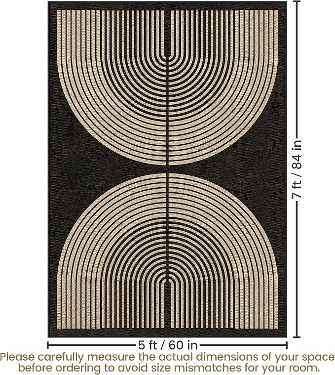 Washable Rainbow Easy Jute Rug 5x7, Black Neutral Geometric Modern Outdoor Indoor Patio Farmhouse Large Rugs, Woven Non Slip Thin Carpet for Living Dining Room Bedroom Classroom Kids Nursery