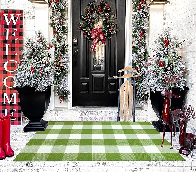 Buffalo Plaid Outdoor Rug 27.5''x 43.3''Green and White Checkered Rug Cotton Machine Washable Farmhouse Mat for Outdoor, Kitchen, Farmhouse, Entryway,Bathroom