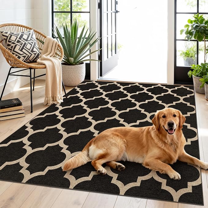 Washable 3x5 Moroccan Trellis Easy Jute Rug, Black Neutral Boho Outdoor Indoor Patio Small Area Rugs, Woven Ultra Thin Non Slip Carpet Door Mat for Entryway Front Door Porch Backyard Kids Playroom