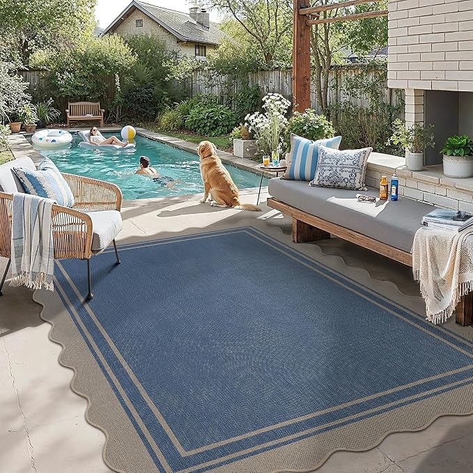 5x7 Scalloped Rug Easy Jute Washable Outdoor Patio Rug for Living Room Indoor Outdoor Blue Geometric Neutral Carpet for Backyard Patio Dining Room