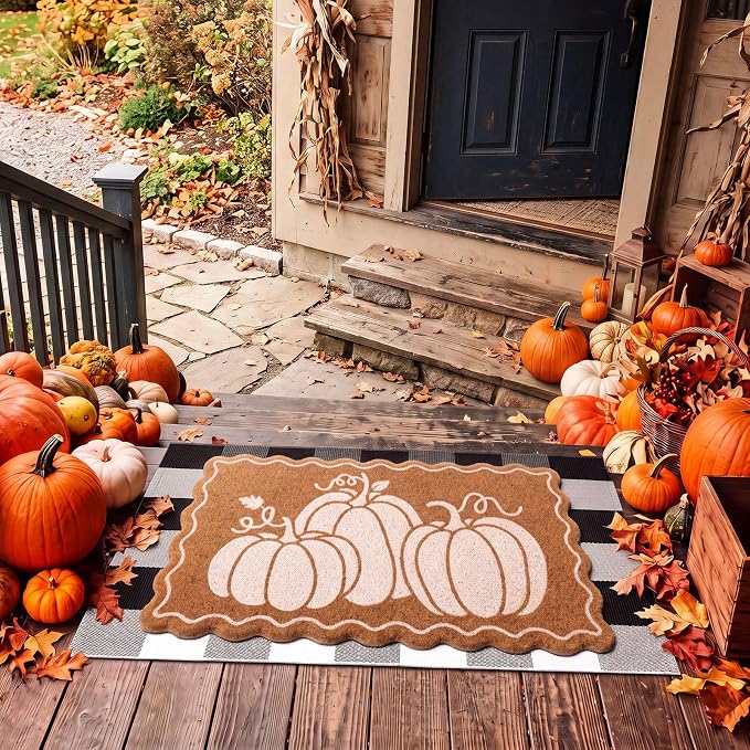 Moucuny 2 Pcs Fall Coir Doormat Outdoor, Wavy Edge Pumpkin Welcome Mat, Black and White Plaid Outdoor Rug Non Slip Floor Door Mat for Entrance Front Porch Decor, 24'' x 35'', 16'' x 28''