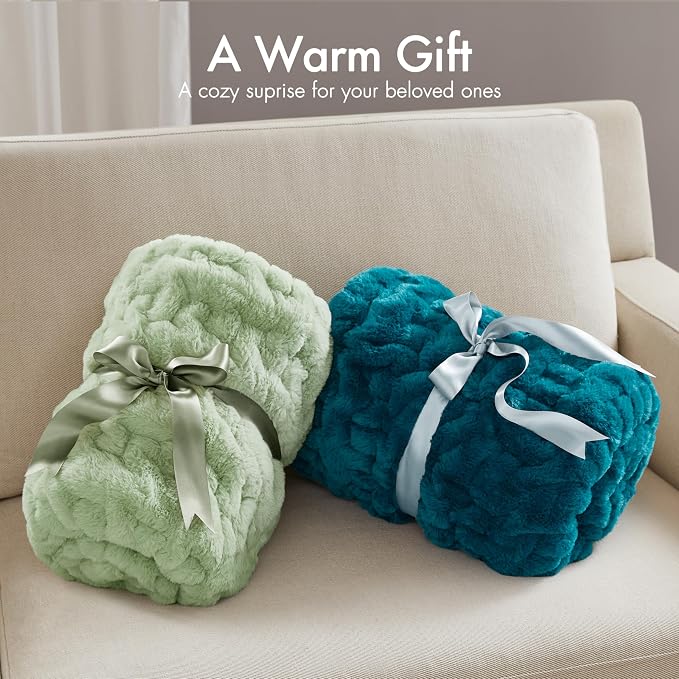 Madison Park Ruched Faux Fur Luxury Throw Teal 50*60 Premium Soft Cozy Brushed Long Faux Fur For Bed, Coach or Sofa | Luxury, Premium, Soft Cozy Brushed Long Pile, All Season Plush Modern OEKO- TEX Certification Warm For Bed, Couch or Sofa