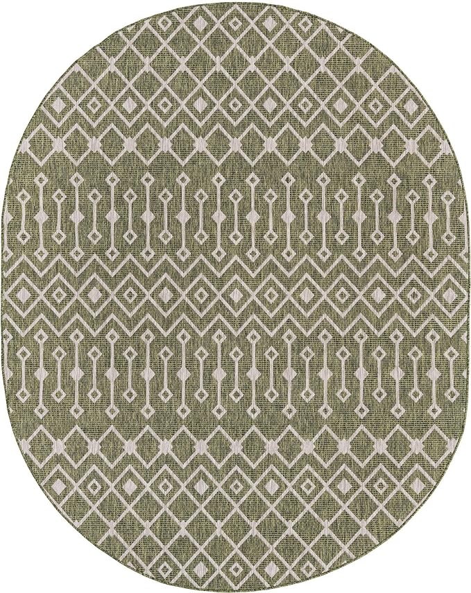 Unique Loom Outdoor Trellis Collection Area Rug - Tribal Trellis (7' 10" x 10' Oval, Green/ Natural)