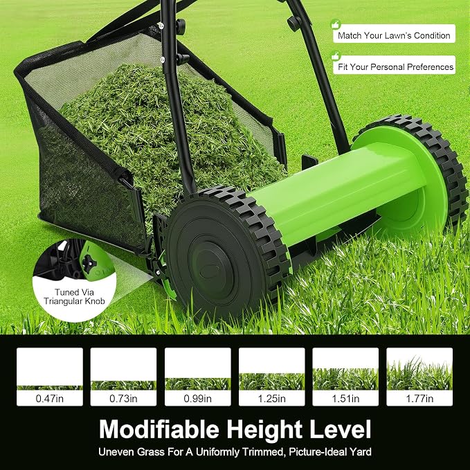 12in 5-Blade Push Reel Lawn Mower Manual Lawn Mower, Walk-Behind Lawn Mower with 6 Gallons Grass Catcher, 0.47-1.77 inches Manual Adjustable Cutting Height, for a Green Healthy Lawn (Green, 12in)
