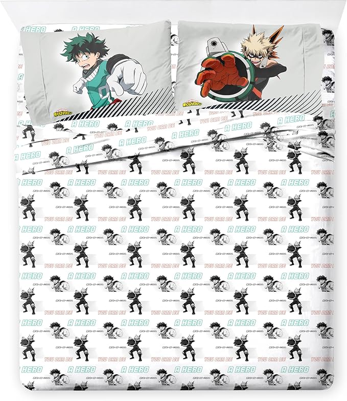 My Hero Academia Deku Full Comforter Set 7 Piece Anime Bedding, Black | Bed in a Bag, Comforter Sheets Shams Pillowcases, Official Product, Soft Microfiber, Machine Washable, Kids Gift